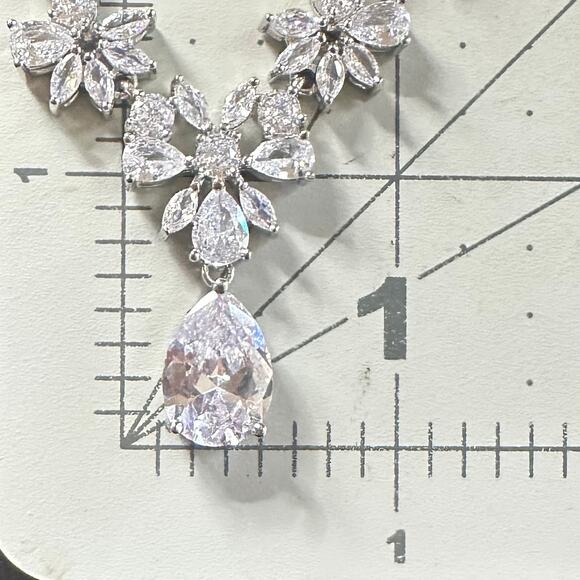 Silver tone rhodium plated clear CZs cubic zirconia formal drop necklace - Picture 8 of 8